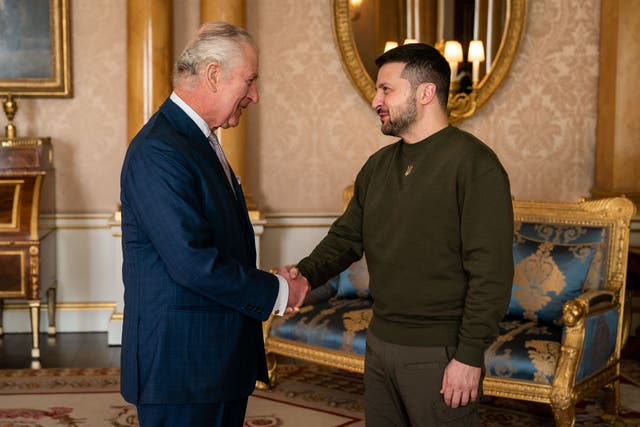 The King holds an audience with Ukrainian President Volodymyr Zelensky at Buckingham Palace (Aaron Chown/PA)