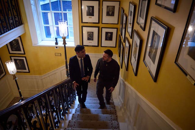 Rishi Sunak welcomes Volodymyr Zelensky to Downing Street (Ukrainian Presidential Press Office/PA)