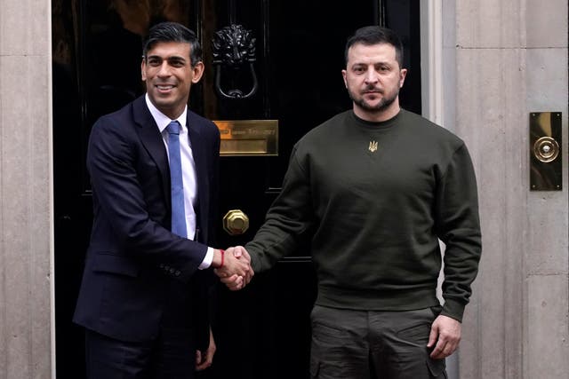 <p>Volodymyr Zelensky meets Rishi Sunak during a surprise visit to the UK </p>
