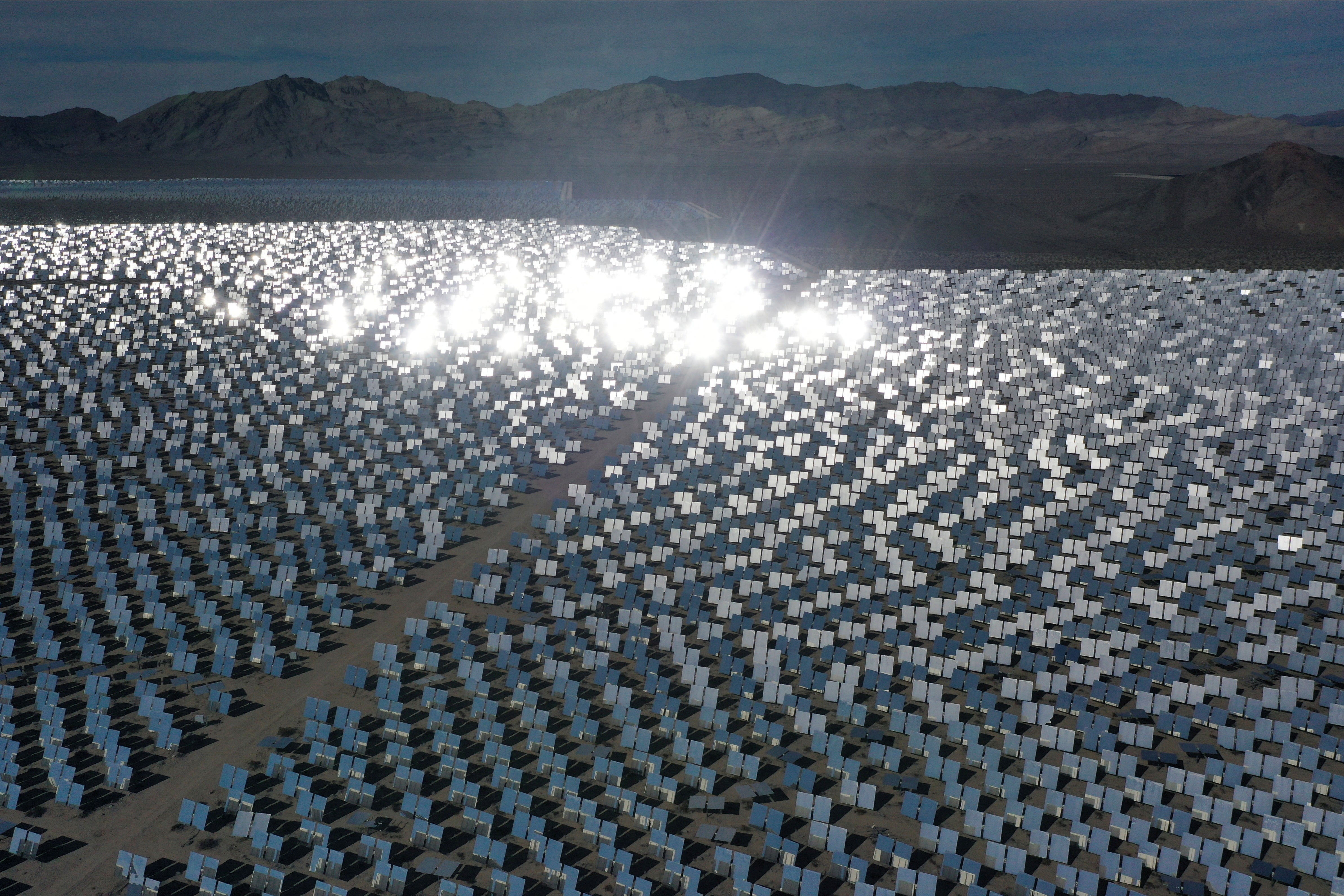 Ivanpah Solar Electric Generating System, the world’s largest solar thermal power station, in the Mojave Desert near Nipton, California on February 27, 2022