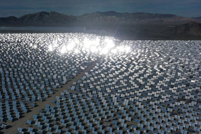 <p>Ivanpah Solar Electric Generating System, the world’s largest solar thermal power station, in the Mojave Desert near Nipton, California on 27 February, 2022</p>