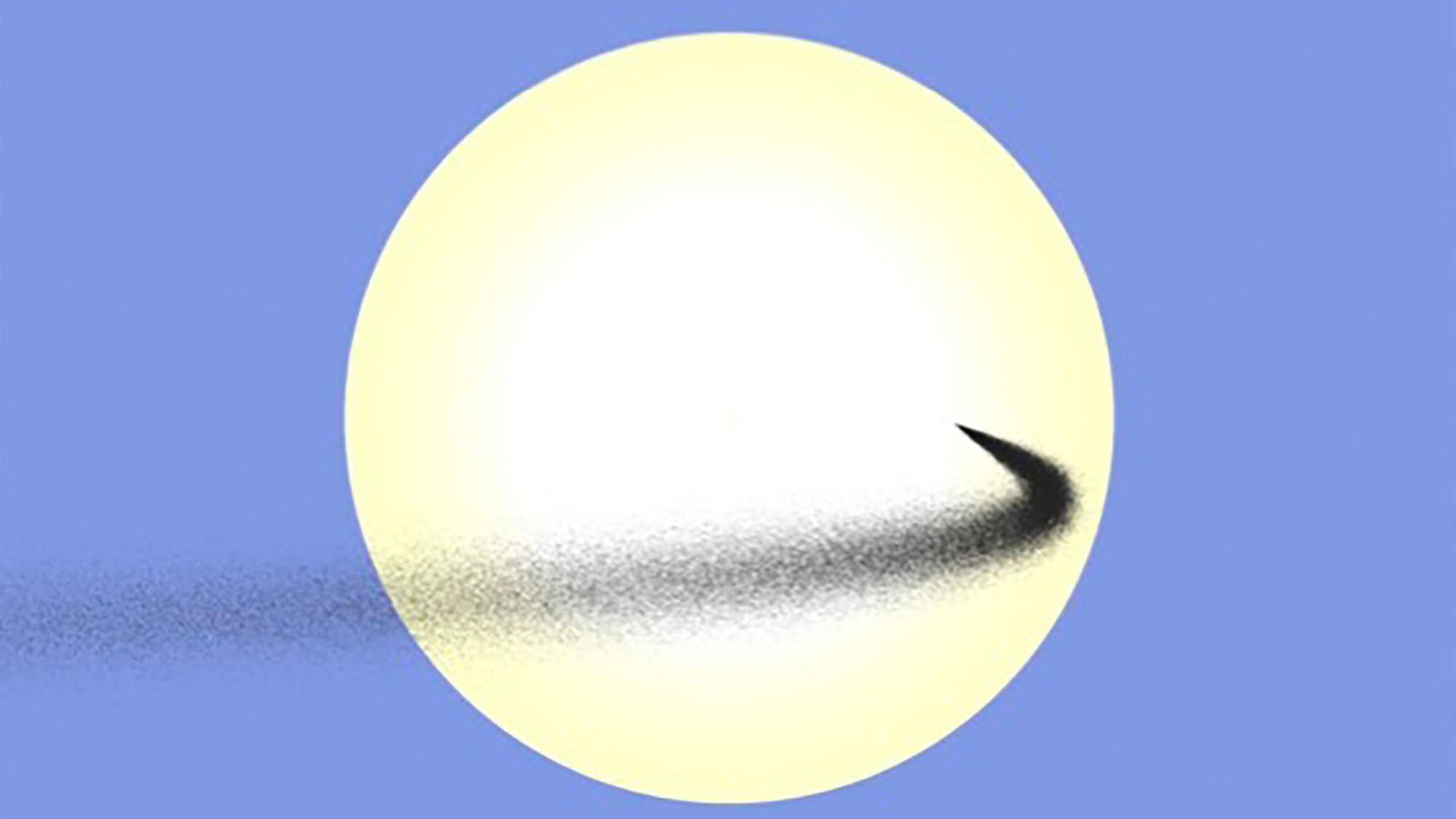 Simulated stream of dust launched between Earth and the Sun. This dust cloud is shown as it crosses the disk of the Sun, viewed from Earth. Streams like this one, including those launched from the Moon’s surface, can act as a temporary sunshade