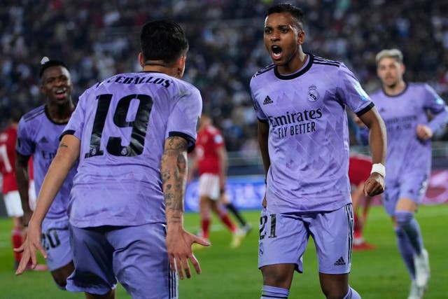 Rodrygo (right) scored Real Madrid’s third goal in their win over Al Ahly (Manu Fernandez/AP)