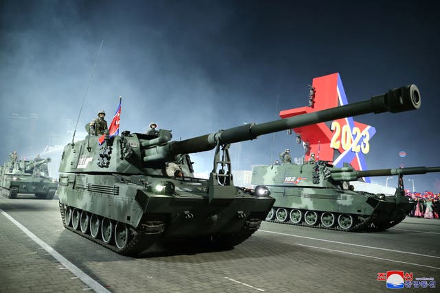 <p>Armoured vehicles take part in a military parade to mark the 75th founding anniversary of North Korea’s army</p>