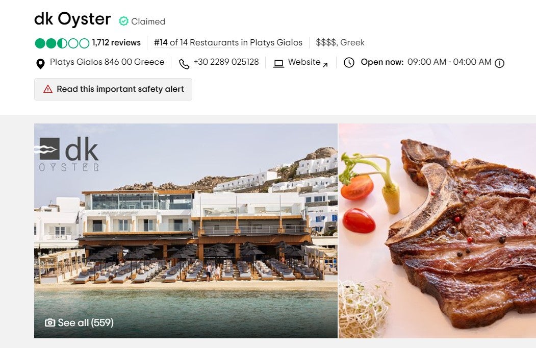 Tripadvisor has added a ‘safety alert’ under the restaurant’s name and rating