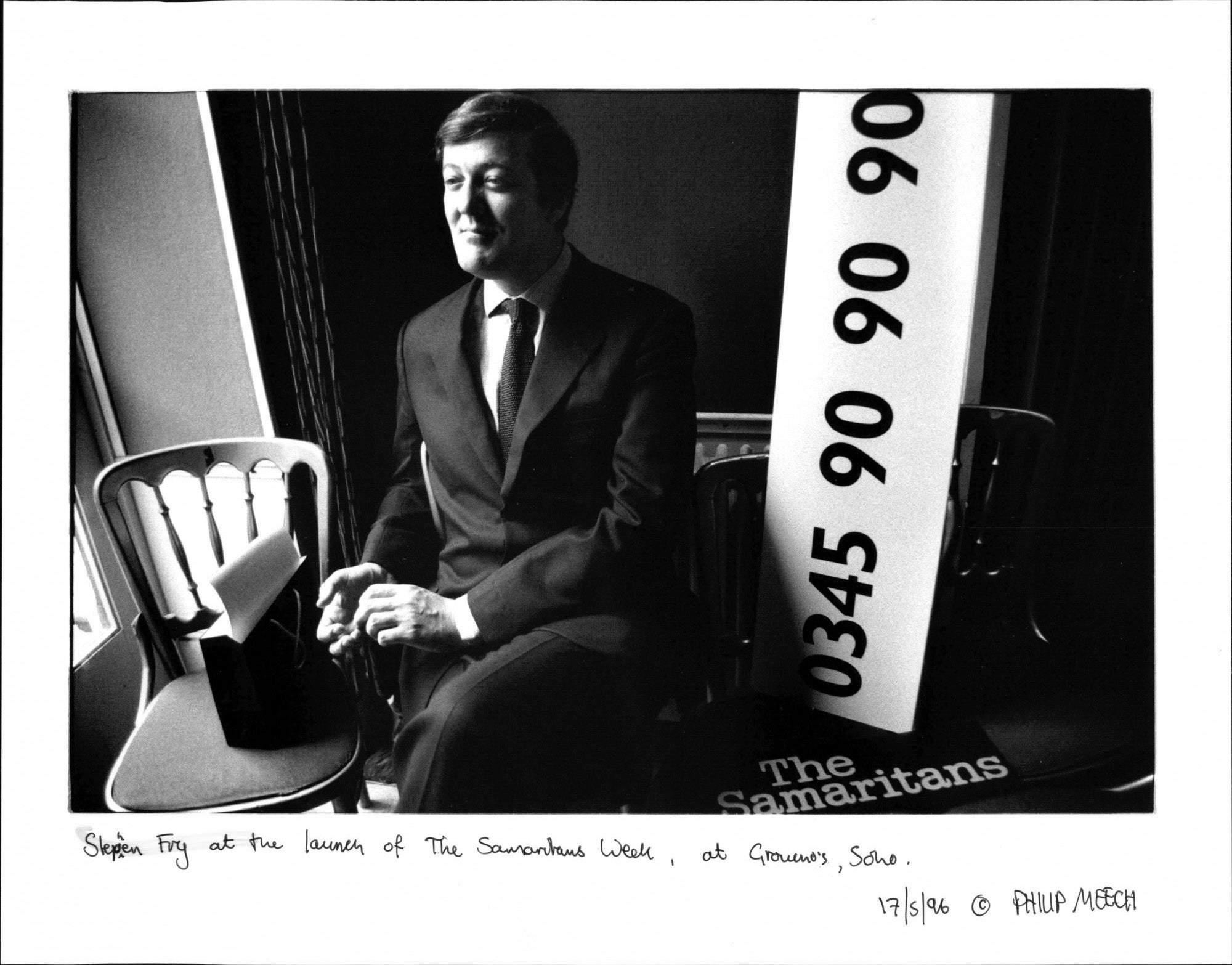 Stephen Fry at the launch of The Samaritans Week, at Groucho’s, Soho, in 1996.