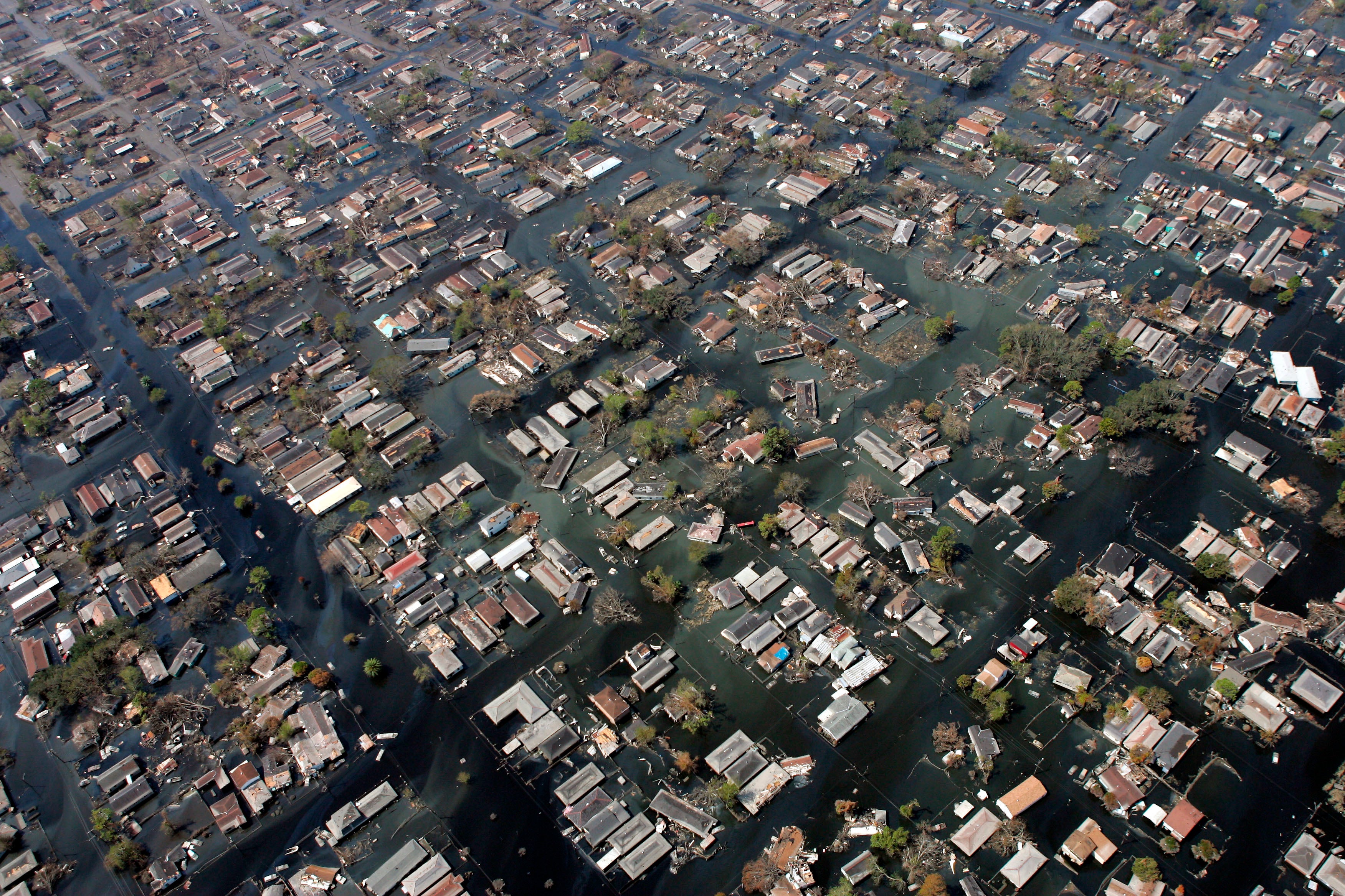 Homes remain surrounded by floodwaters in the aftermath of Hurricane Katrina on Sept. 11, 2005, in New Orleans