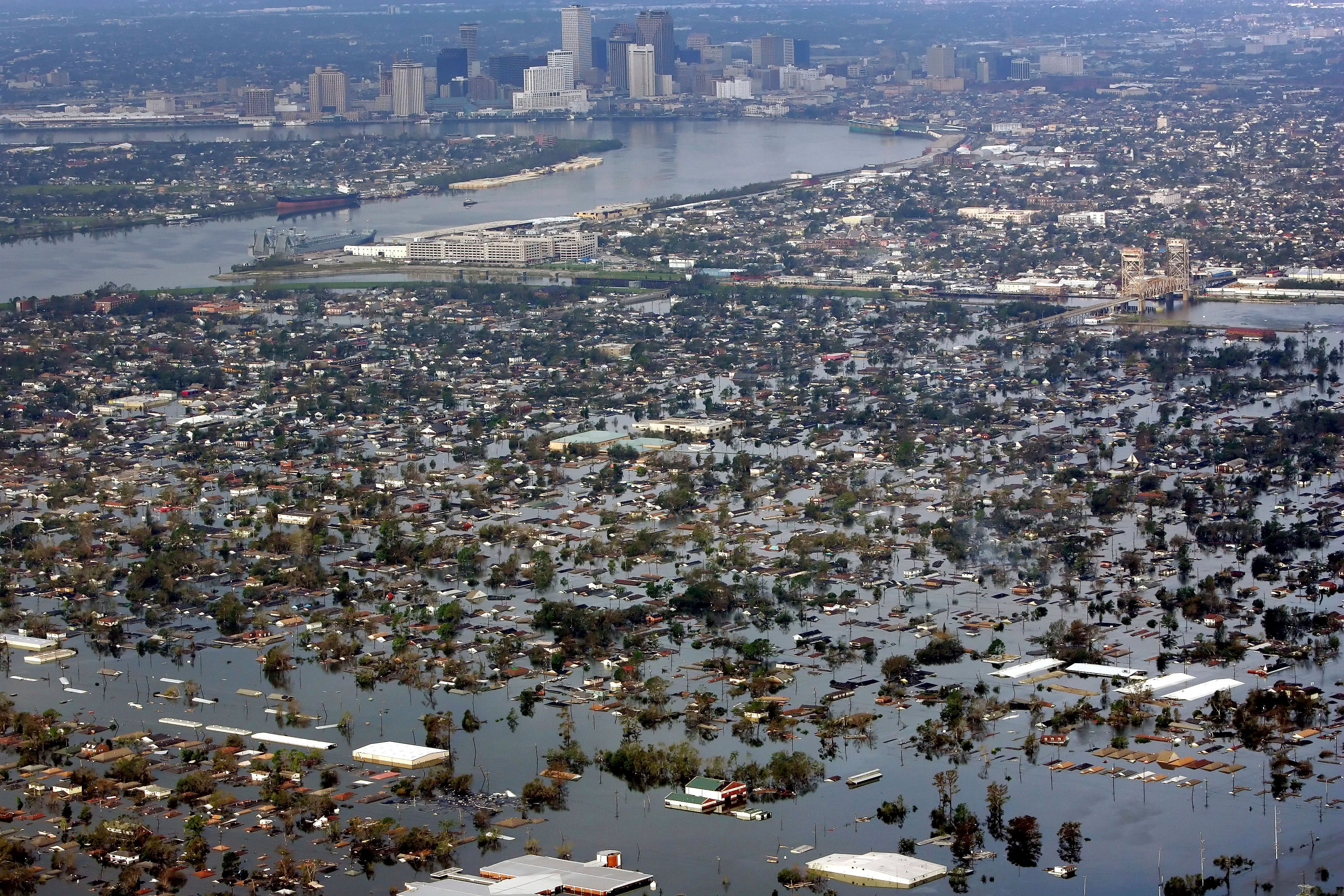 Floodwaters from Hurricane Katrina cover a portion of New Orleans in August 2005, which killed 1,400 people