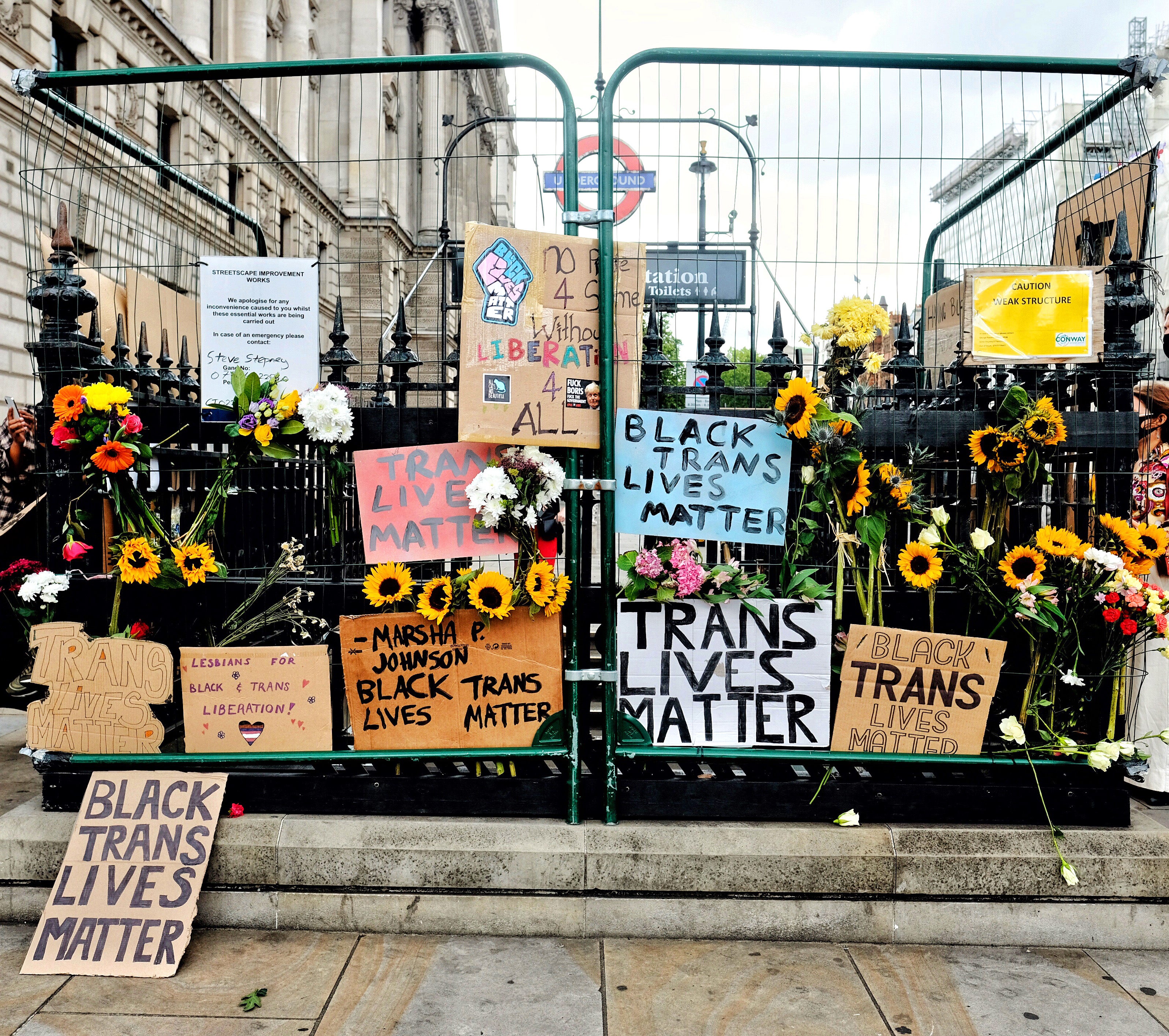 Banners from the Black Trans Lives Matter protest in London, 2020.