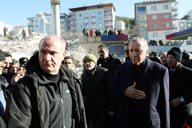 <p>Turkish President Tayyip Erdogan meets with people in the aftermath of a deadly earthquake in Kahramanmaras</p>