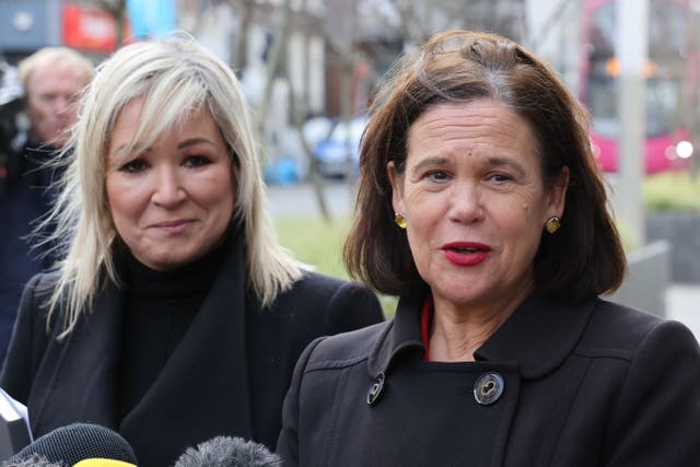 Sinn Fein leader Mary Lou McDonald (right) and vice president Michelle O’Neill speak to the media outside the Northern Ireland Office (Liam McBurney/PA)
