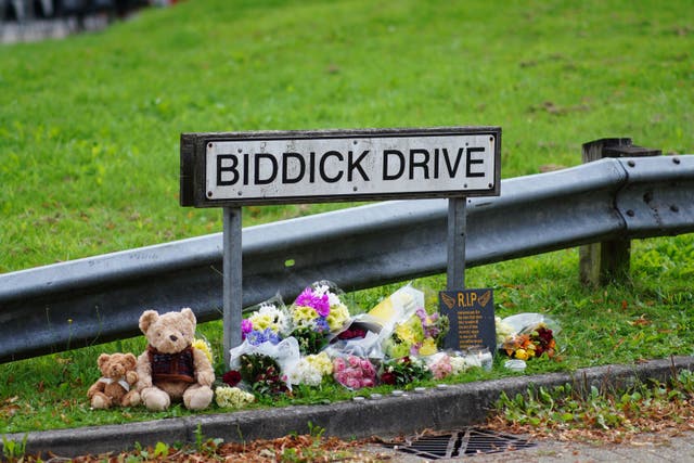 Tributes left in Biddick Drive in the Keyham area of Plymouth where Jake Davison went on the rampage (Ben Birchall/PA)