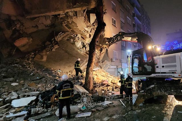 Photo taken with permission from the Twitter account @mehmetyetim63 of emergency services at the scene of a collapsed building in Sanliurfa, Turkey, after a 7.8 magnitude earthquake (Mehmet Yetim/Twitter/PA)