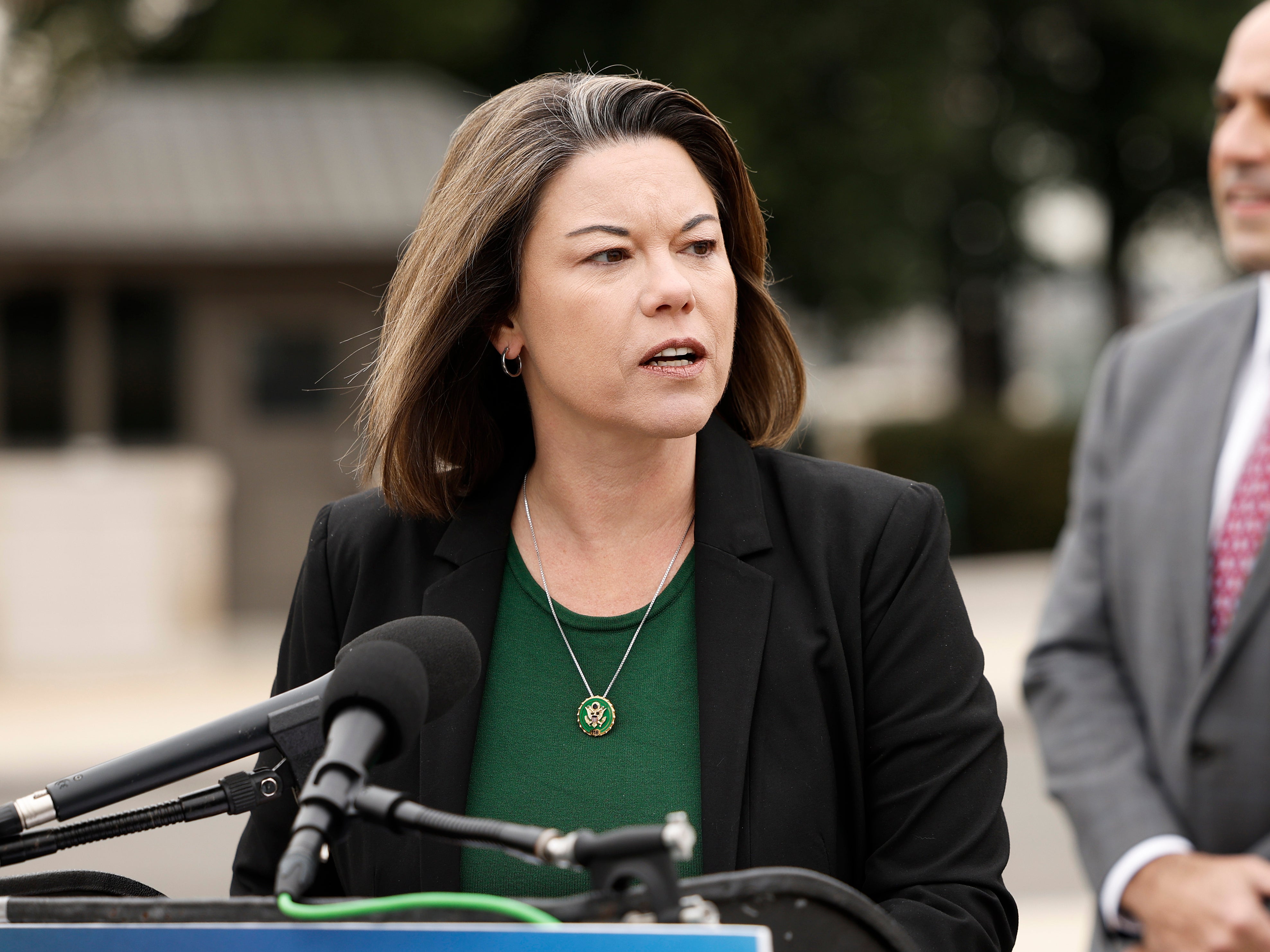 Rep Angie Craig (D-MN) speaks at a press conference outside the US Capitol Building on 2 February 2023 in Washington, DC