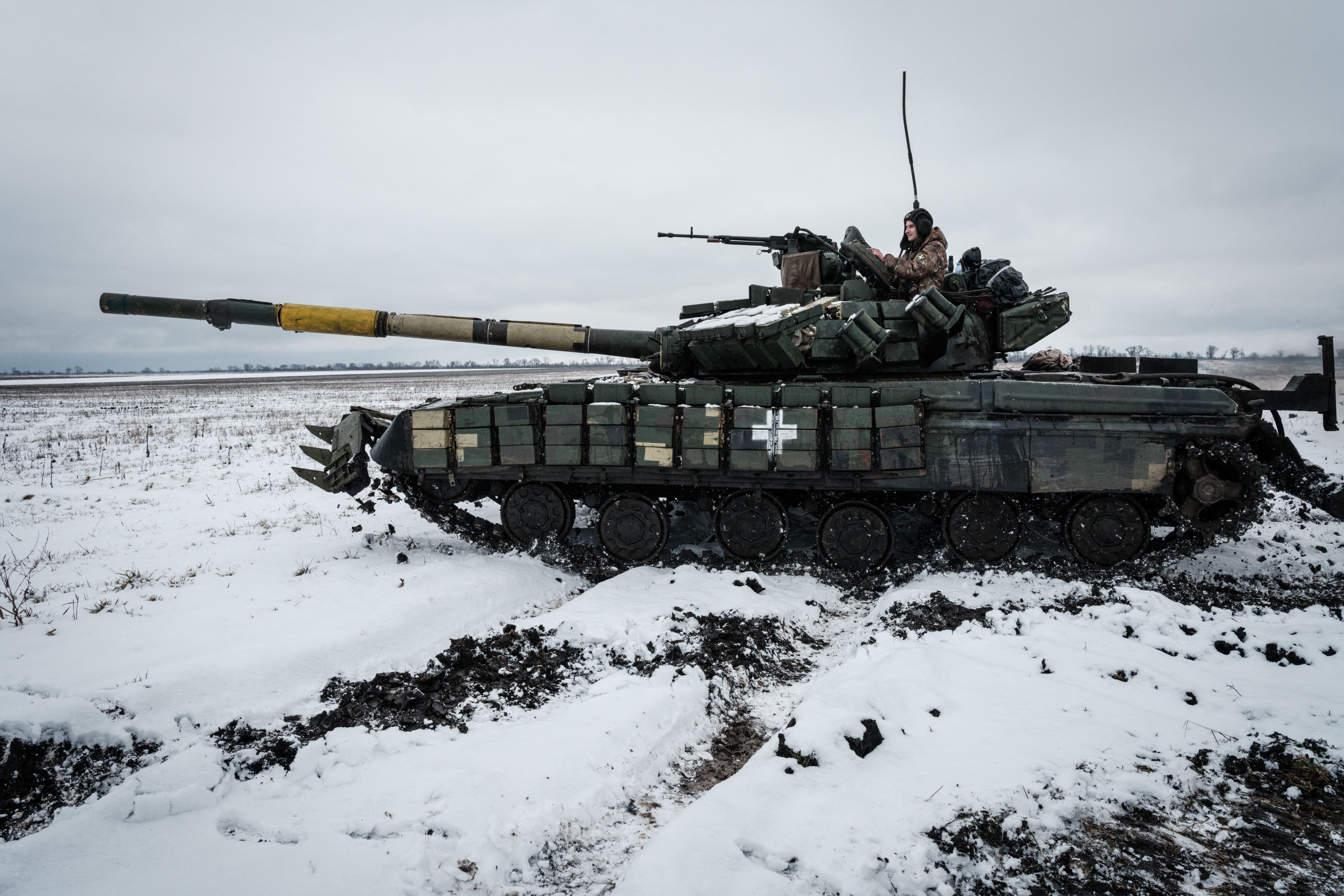 A Ukrainian tank pictured near the front line in Donetsk