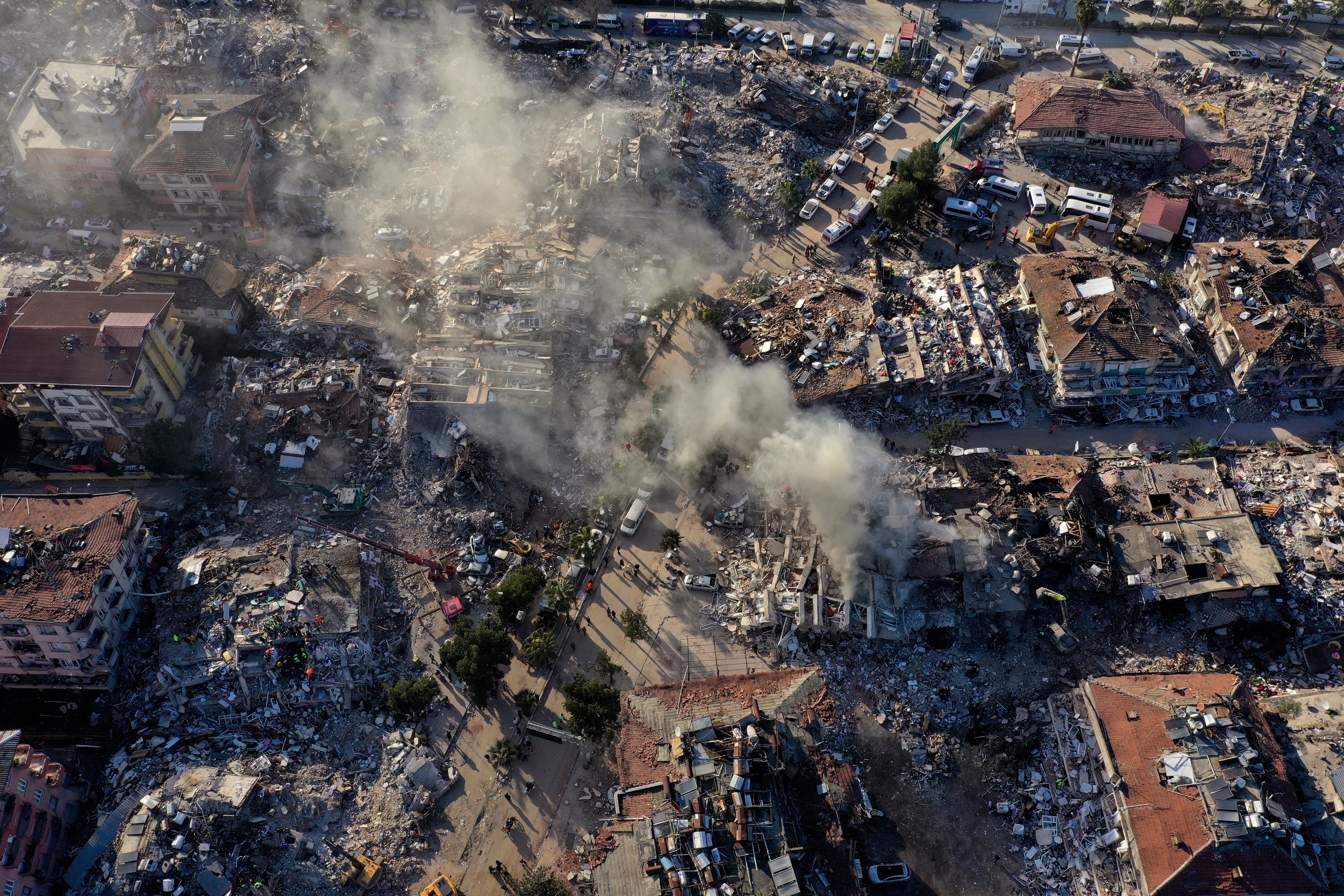 In this drone photo, destroyed buildings are seen from above in Antakya, southeastern Turkey