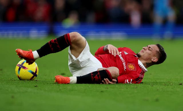 <p>Antony goes down injured during Manchester United’s match with Crystal Palace</p>