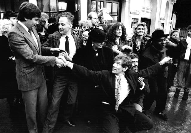 <p>Stop Clause 28 campaigners at the Playhouse Theatre in 1988. To buy this print, click <a href="https://independent.newsprints.co.uk/39655117/">here</a></p>