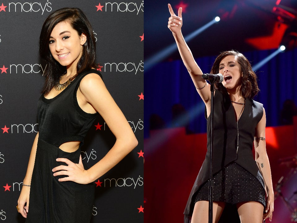 Left: Christina Grimmie attends Macy’s iHeartRadio rising star in-store performance on 16 May 2015 in Whitehall, Pennsylvania – Right: Christina Grimmie performs onstage at the 2015 iHeartRadio Music Festival at MGM Grand Garden Arena on 18 September 2015 in Las Vegas, Nevada
