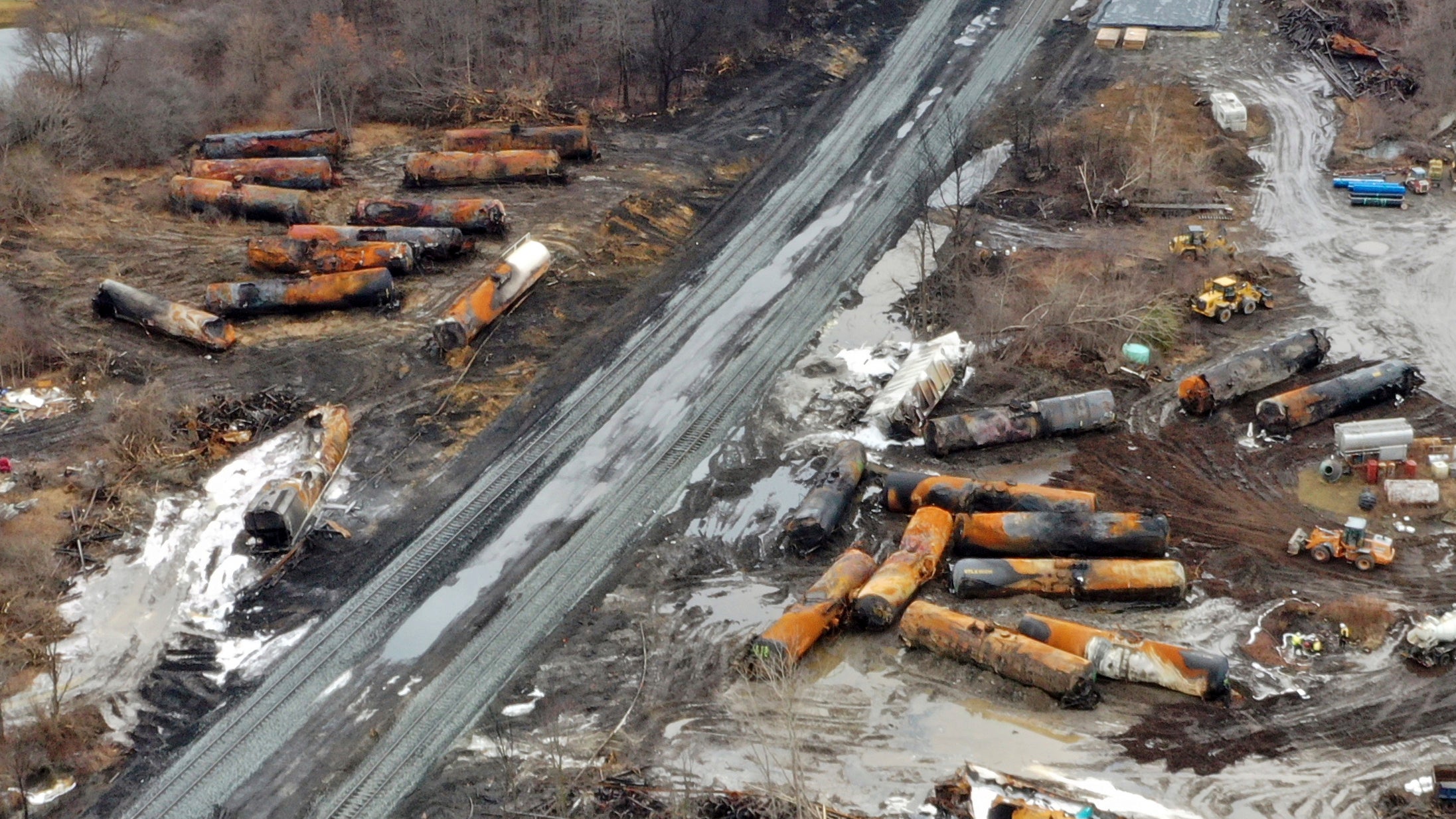 A drone picture of the continuing cleanup of portions of a Norfolk Southern freight train that derailed in East Palestine, Ohio
