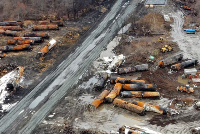 <p>The site of the Norfolk Southern train derailment in East Palestine, Ohio</p>
