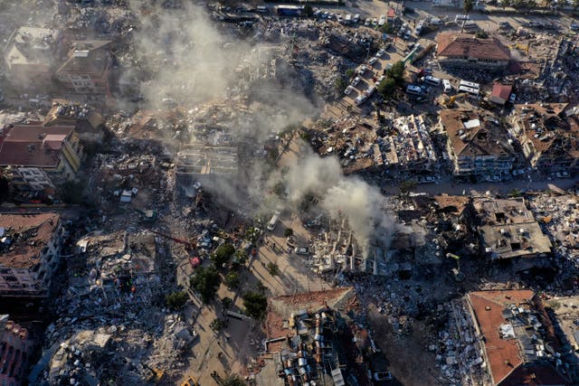 <p>Destroyed buildings in Antakya, southeastern Turkey, on Thursday </p>