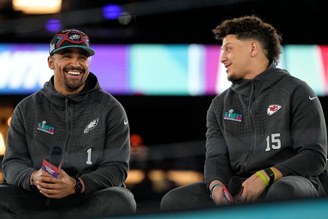 Jalen Hurts (left) and Patrick Mahomes lead their teams in Sunday’s Super Bowl (David J Philip/AP)