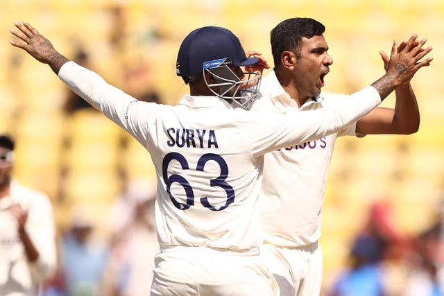 <p>India celebrate after Ravi Ashwin takes the wicket of Matthew Renshaw</p>