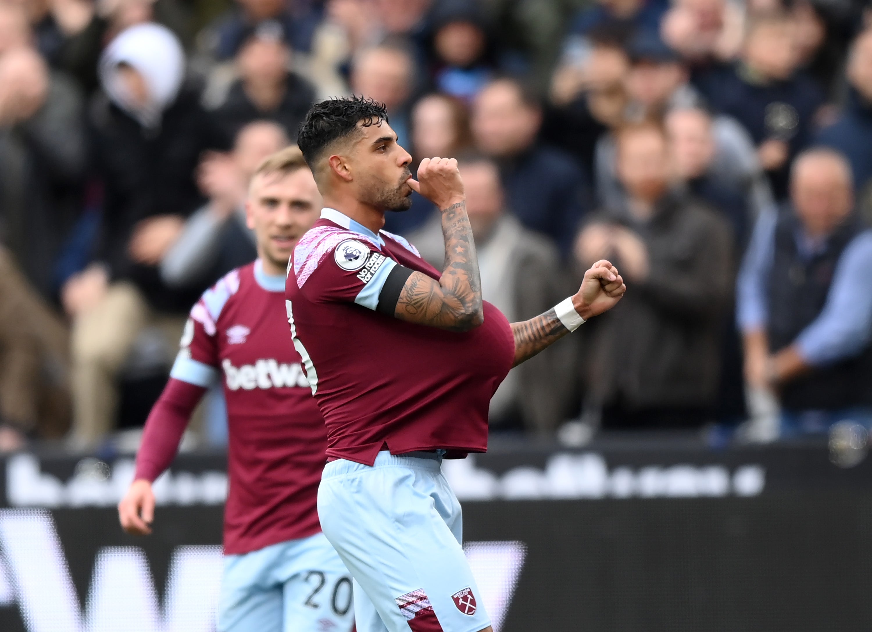 Emerson Palmieri celebrates after scoring West Ham’s equaliser