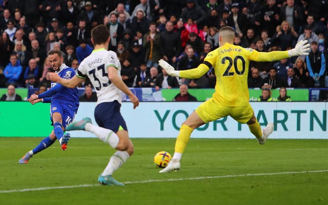 <p>James Maddison converts for Leicester</p>