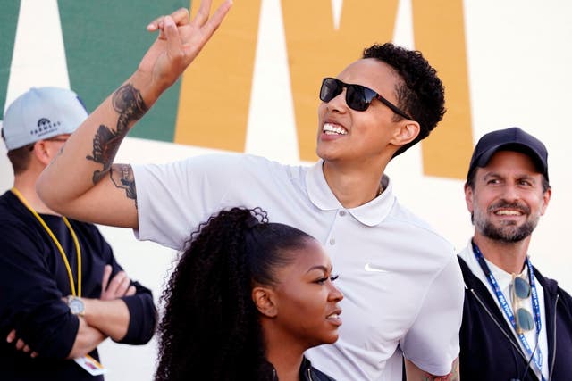 <p>Brittney Griner acknowledges the crowd at the Phoenix Open Golf on Saturday </p>