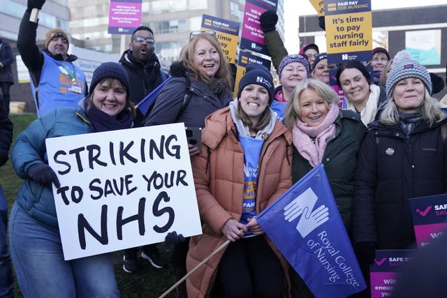 Royal College of Nursing (RCN) chief executive Pat Cullen (second right front row) joins members of the RCN on the picket line outside the Royal Hallamshire Hospital, Sheffield, as nurses take industrial action over pay (Danny Lawson/PA)