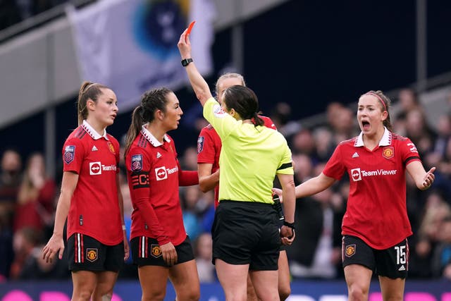 Ella Toone is shown a red card by referee Amy Fearn in Manchester United’s 2-1 win at Tottenham (John Walton/PA)