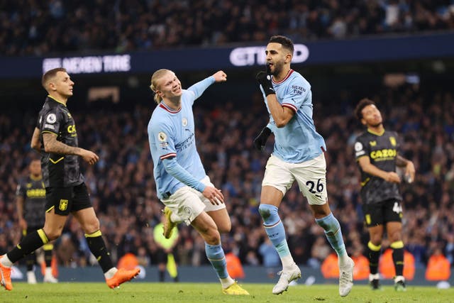 <p>Riyad Mahrez stepped up to the penalty spot to add City’s third before half time </p>