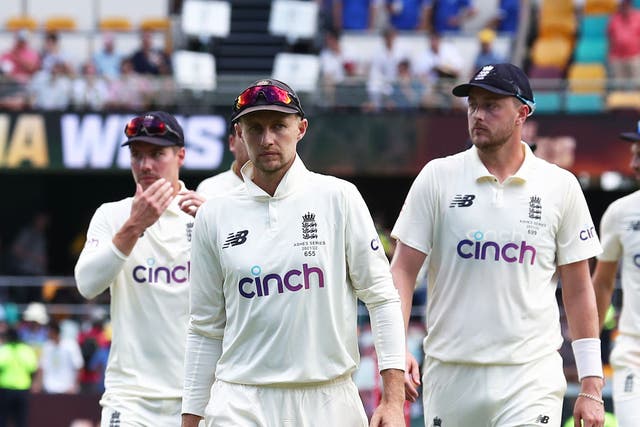 Joe Root (centre) captained England in 64 Test matches during his five-year reign (Jason O’Brien/PA)
