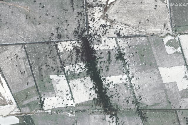<p>Artillery impact craters in fields southwest of Pavlivka, Ukraine</p>