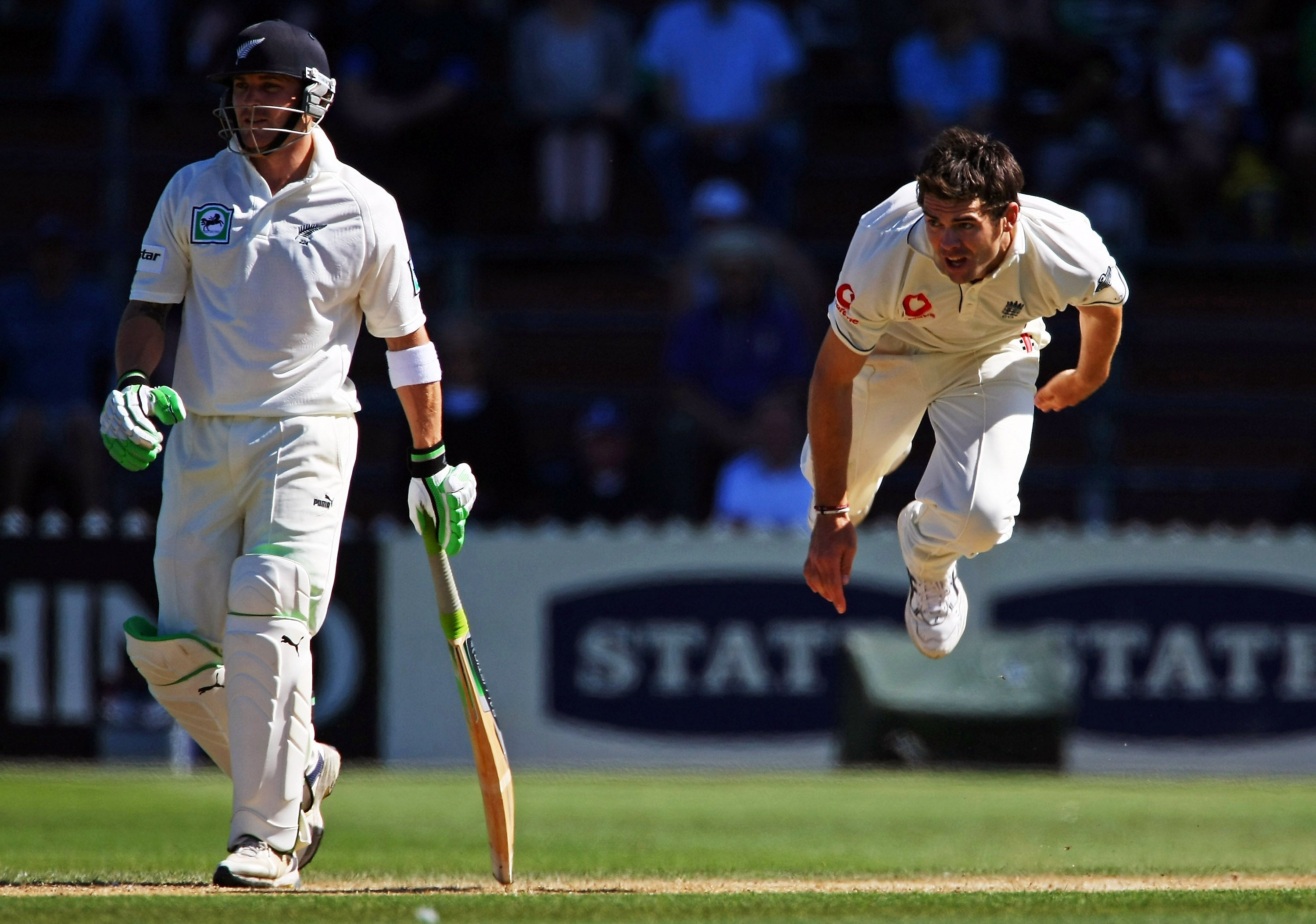 James Anderson in action in March 2008 as Brendon McCullum looks on