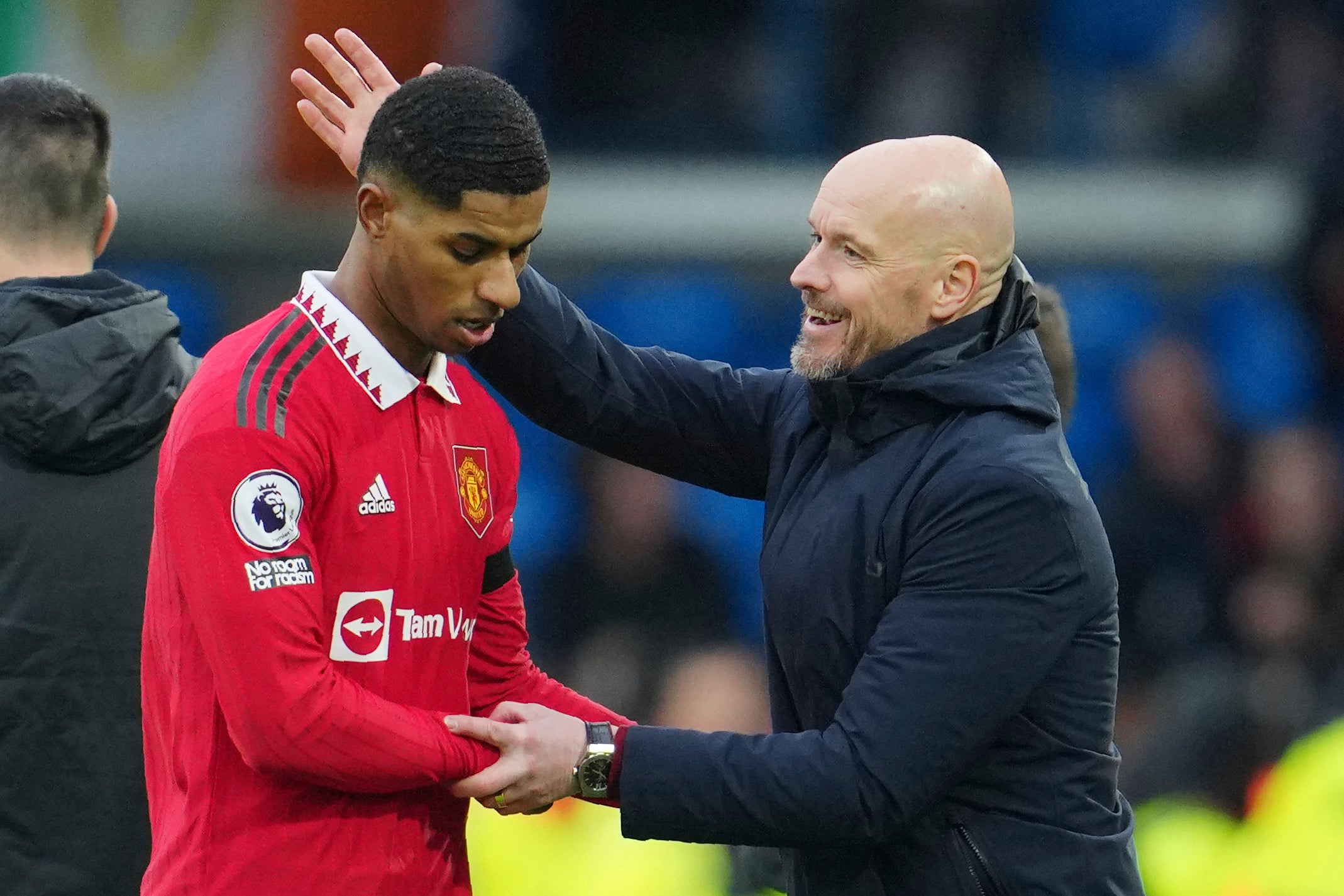 Marcus Rashford is congratulated by his manager after beating Leeds