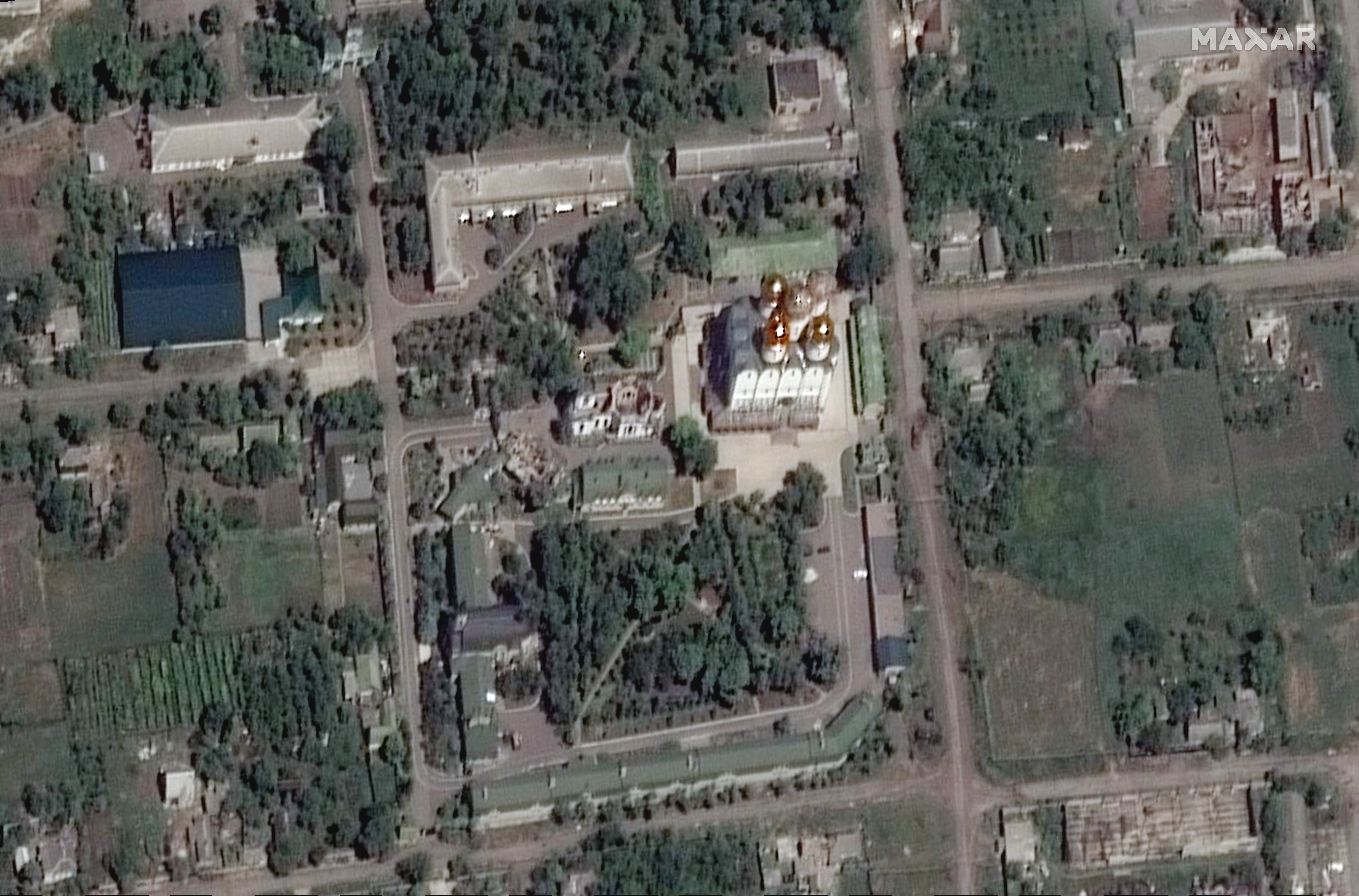 Image shows the Svyato-Uspensky Mykolo-Vasilyivsky monastery in Mykilske, Ukraine last summer on 20 June 2022 before shelling
