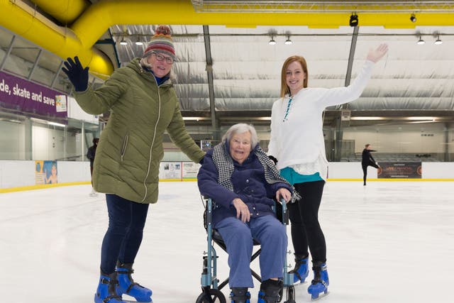 Doreen Barber (centre) first started ice skating aged 12, before the Second World War. With her are her daughter Nina Martinand Jess Wolohan, lifestyle coordinator (Care UK/PA)