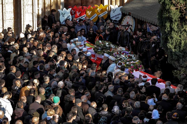 <p>Mourners gather outside the Lala Mustafa Pasha Mosque in Cyprus' eastern city of Famagusta in the breakaway Turkish Cypriot statelet of northern Cyprus</p>