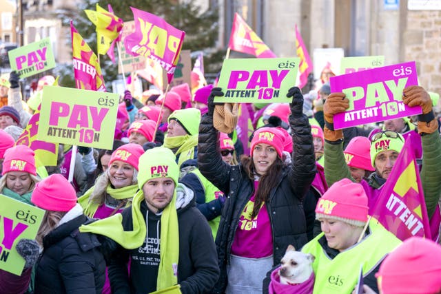 Members of the Educational Institute of Scotland (EIS) held a rally, as teachers take strike action, outside the Corn Exchange in Haddington, East Lothian, in protest over pay. Members of EIS have walked out in the first national strike over pay for almost 40 years, with the action by teachers expected to close the majority of schools across Scotland. Picture date: Monday January 16, 2023.