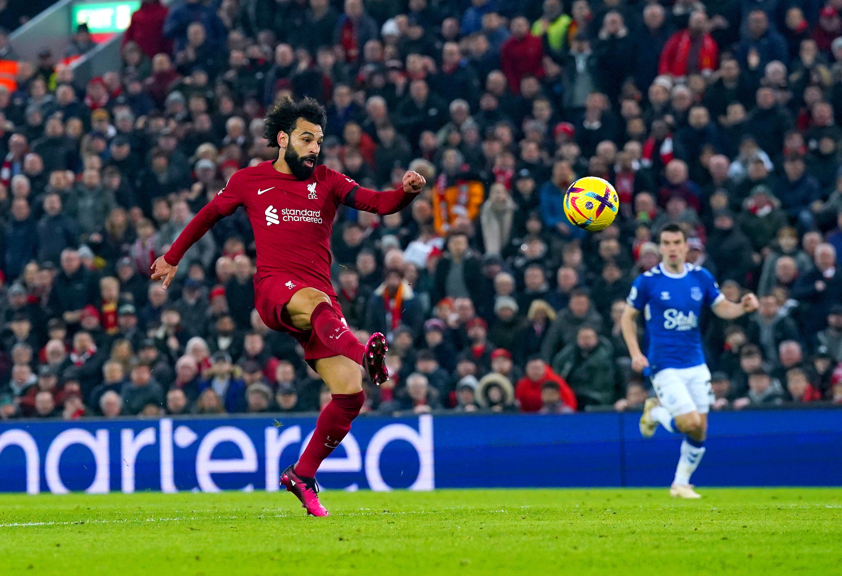 Mohamed Salah lifts the ball past Pickford for Liverpool’s opener