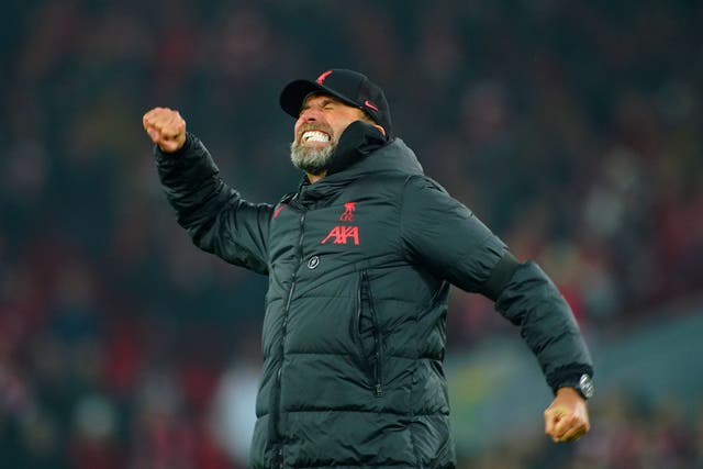 <p>Liverpool manager Jurgen Klopp celebrates at the end of the Premier League match at Anfield</p>