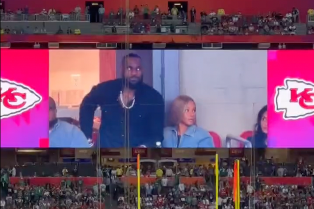 <p>LeBron James seeing himself on the scoreboard at the Super Bowl on Sunday</p>
