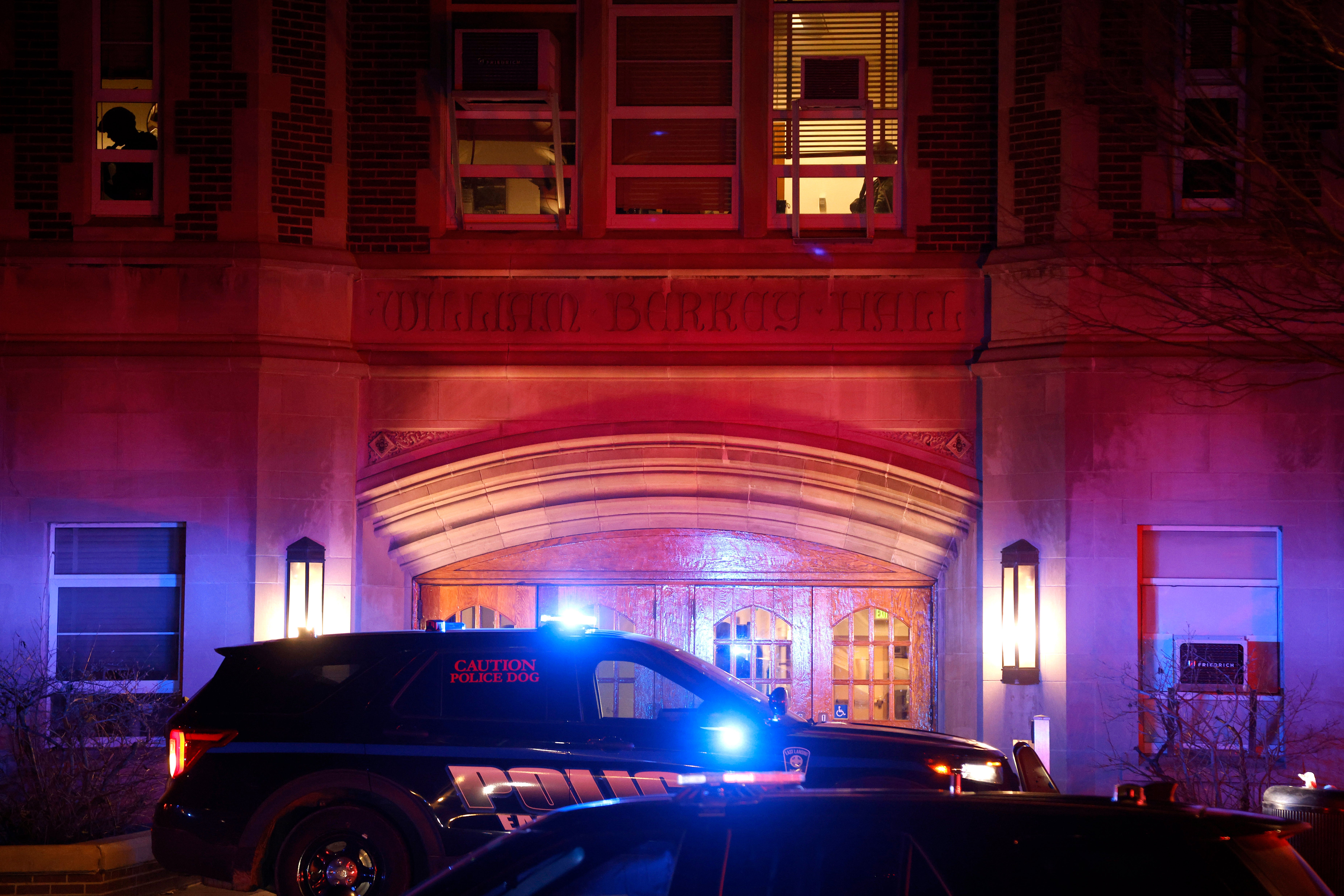 Police investigate the scene of a shooting at Berkey Hall on the campus of Michigan State University, late Monday, 13 February 2023, in East Lansing