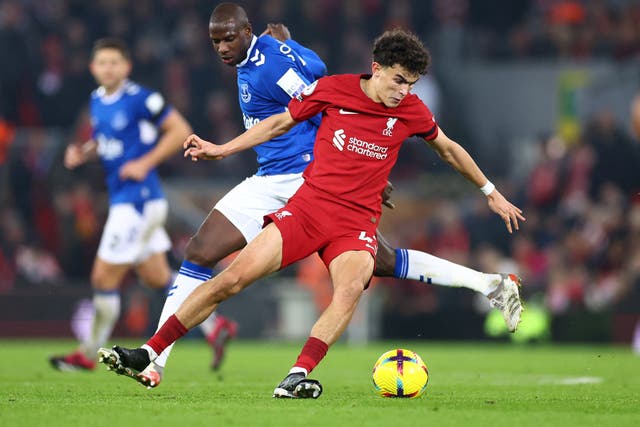 <p>Stefan Bajcetic spins on the ball during the Merseyside derby</p>
