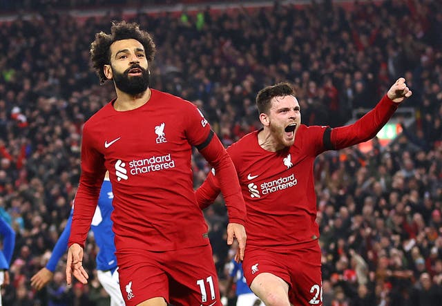 <p>Mohamed Salah celebrates after scoring in the Merseyside derby</p>