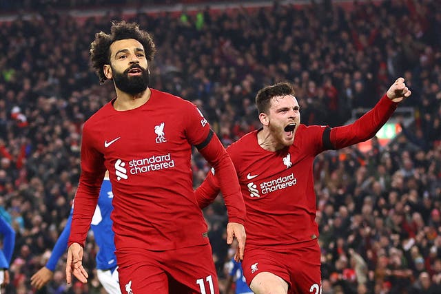 <p>Mohamed Salah celebrates after scoring in the Merseyside derby</p>