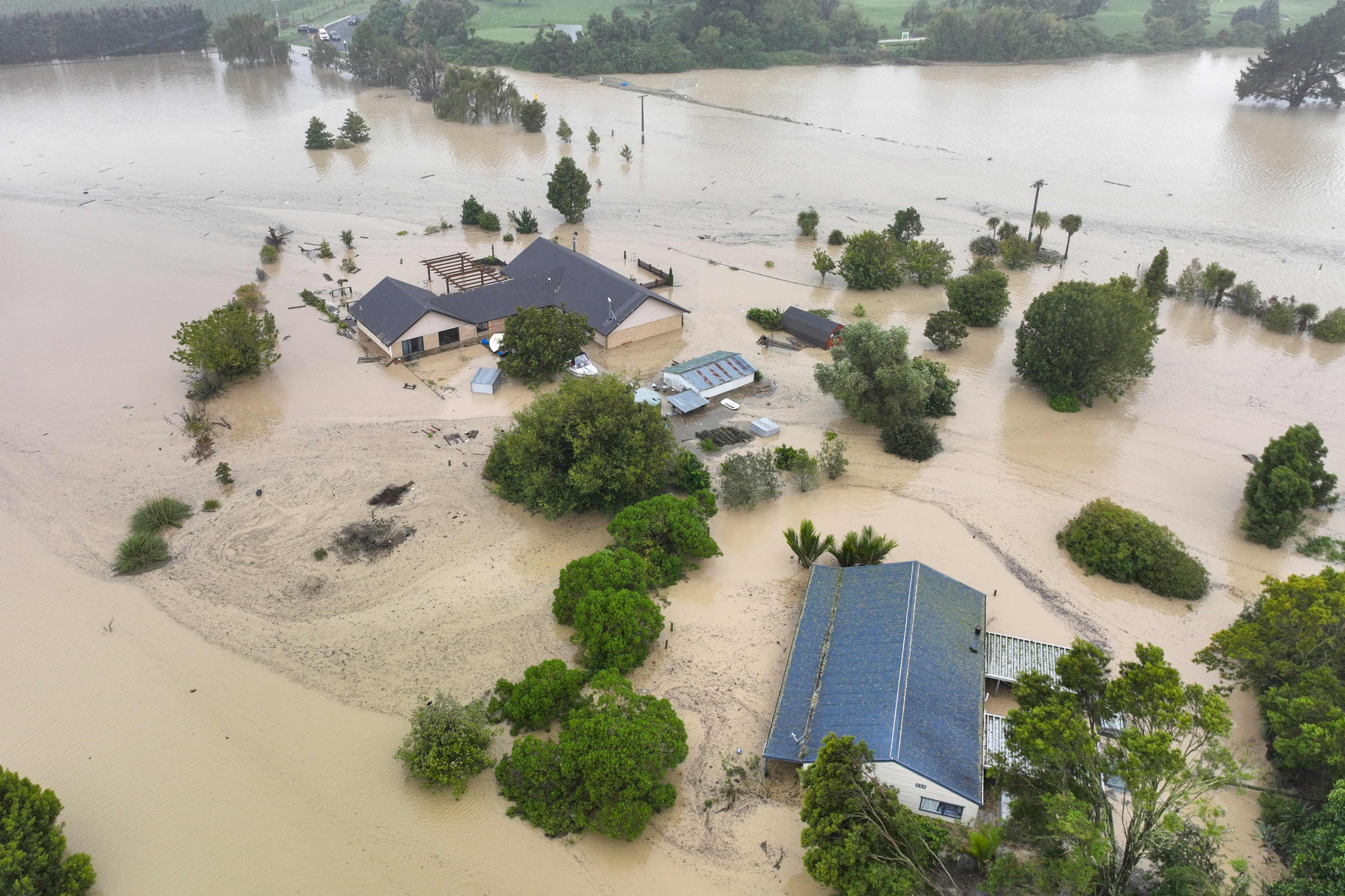 An aerial photo shows flooding caused by Cyclone Gabrielle in Awatoto, near the city of Napier